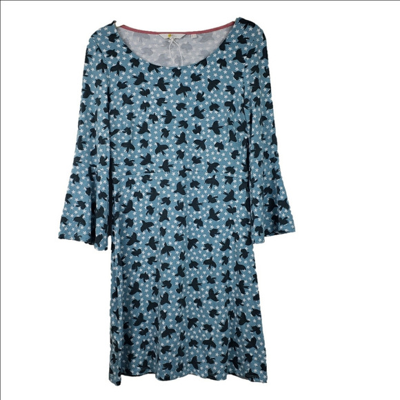 Boden Miriam Starry Bird Print Mini Dress Sz 4 R Bell Sleeve Jersey Knit Casual